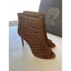 Vince Camuto Womens 9.5 Kachina Brown Leather Open Toe High Heel‎ Booties W/box